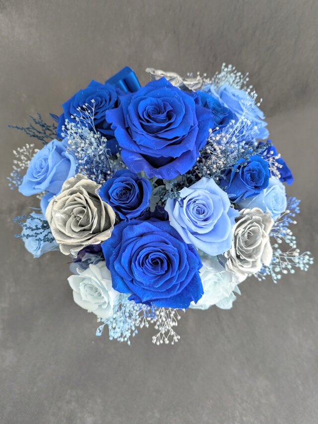 プリザーブドフラワー／星空に染まった青い薔薇とシルバーローズの神秘と奇跡／ 陶器花器アレンジ／フラワーケース付き