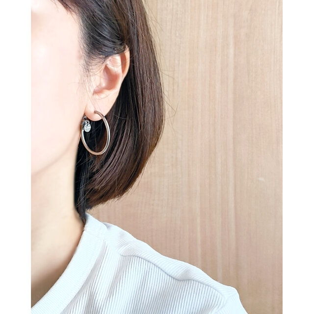 SUS316＊3cmフープピアス[Simple hoop & coin/Silver]刻印 コイン