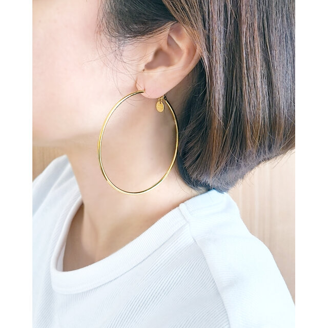 SUS316＊7cmフープピアス[Simple hoop & coin/Gold]刻印 コイン