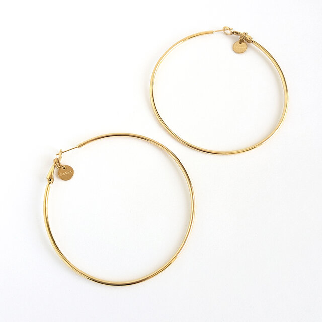 SUS316＊7cmフープピアス[Simple hoop & coin/Gold]刻印 コイン