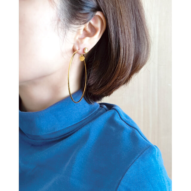 SUS316＊7cmフープピアス[Simple hoop & coin/Gold]刻印 コイン