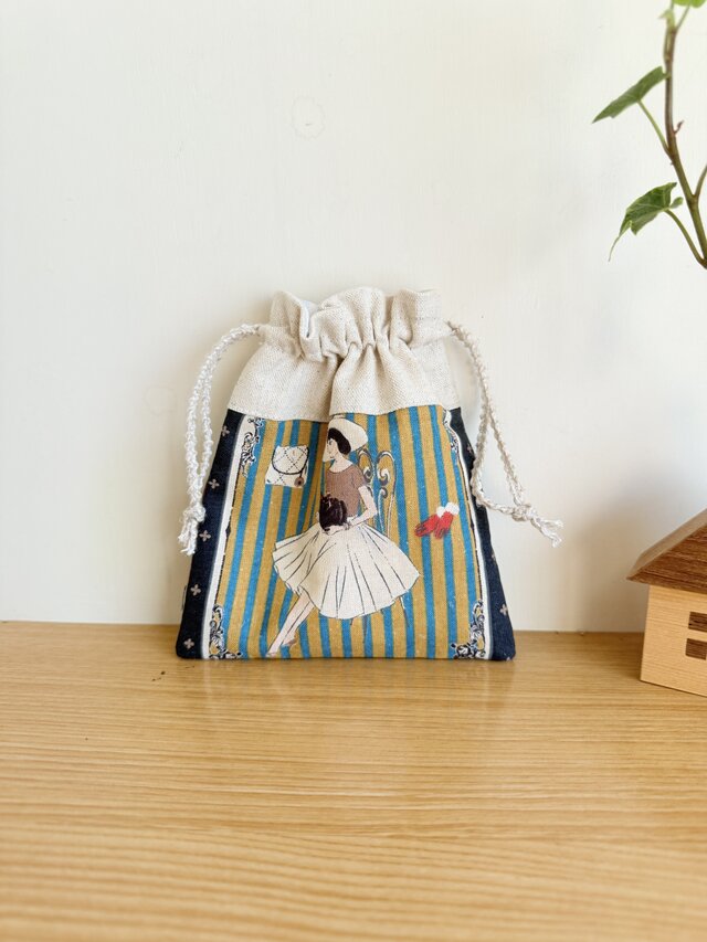 レトロ柄の巾着袋