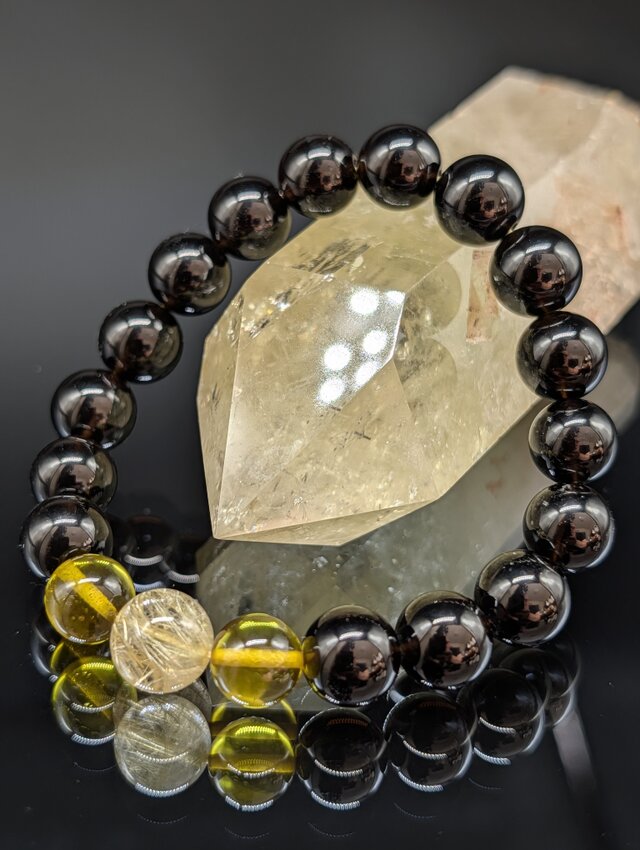 【最強金運・守護・健康】ゴールドルチルクォーツ・グリーンアンバー・モリオン・10mm・ブレスレット