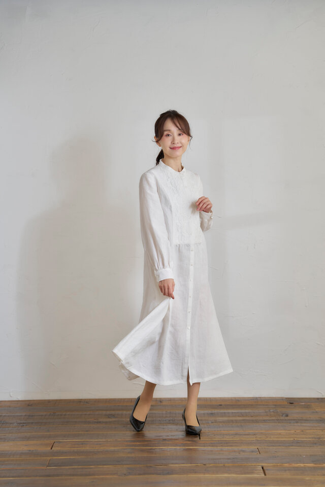 ヨークオリジナルトーションレースリネンワンピース　　ホワイト　Atelier Ai　13号