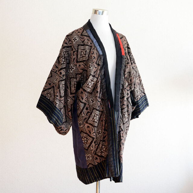 昭和初期〜中期 古布 野良着｜藍染縞 × 幾何学模様 裏地｜木綿｜ヴィンテージ 日本の仕事着