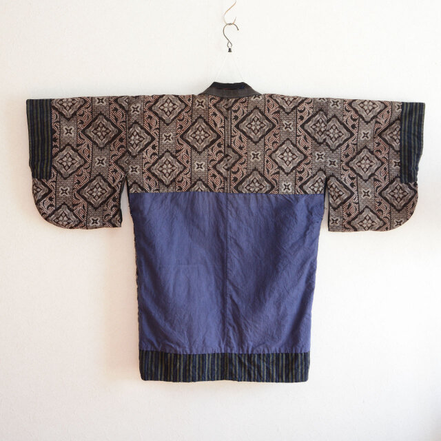 昭和初期〜中期 古布 野良着｜藍染縞 × 幾何学模様 裏地｜木綿