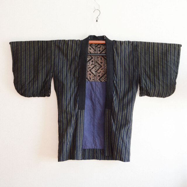 昭和初期〜中期 古布 野良着｜藍染縞 × 幾何学模様 裏地｜木綿