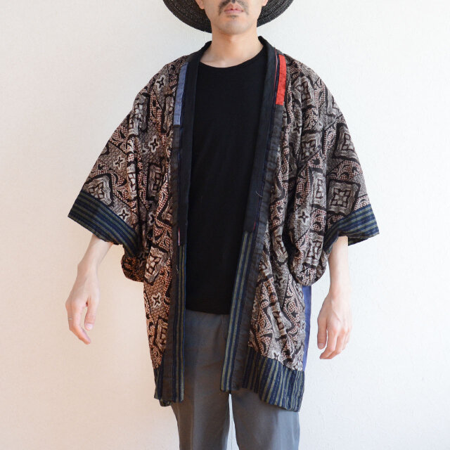 昭和初期〜中期 古布 野良着｜藍染縞 × 幾何学模様 裏地｜木綿