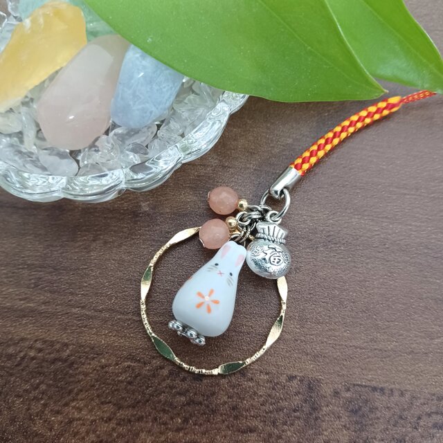 福うさぎ=ᐢ.  ̫.ᐢ=❀ストラップ チャーム キーホルダー オレンジ ハンドメイド No.1416