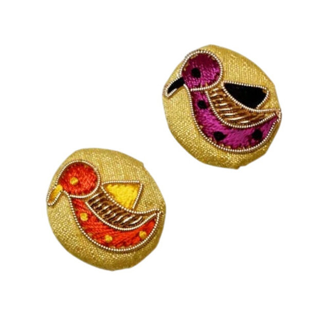 インド 製 ザリ刺繍 くるみ ボタン バード ゴールド地 1個　小鳥とり B-2957