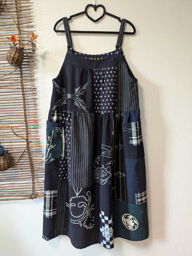 ［C様専用］古布リメイク　ギャザー切り替えのキャミソールワンピース　久留米絣　藍染　古布ファッション　ゆったりサイズ