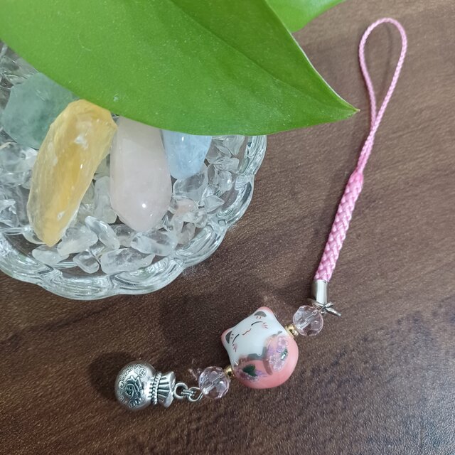 福猫ฅ•ω•ฅ‪✿ストラップ チャーム ピンク桃色 ハンドメイドNo.1421