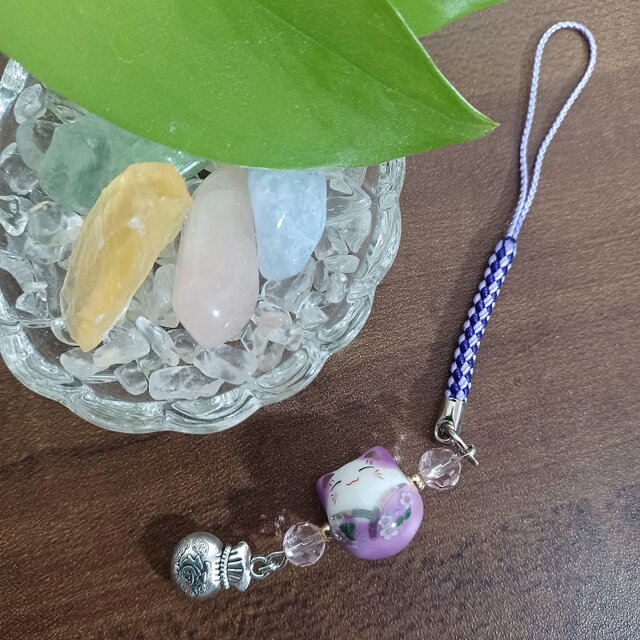 福猫ฅ•ω•ฅ✿ストラップ チャーム パープル 藤紫色 No.1422