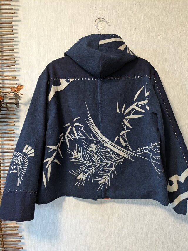 古布リメイク 松竹梅リバーシブルミニフードジャケット 筒描き 久留米