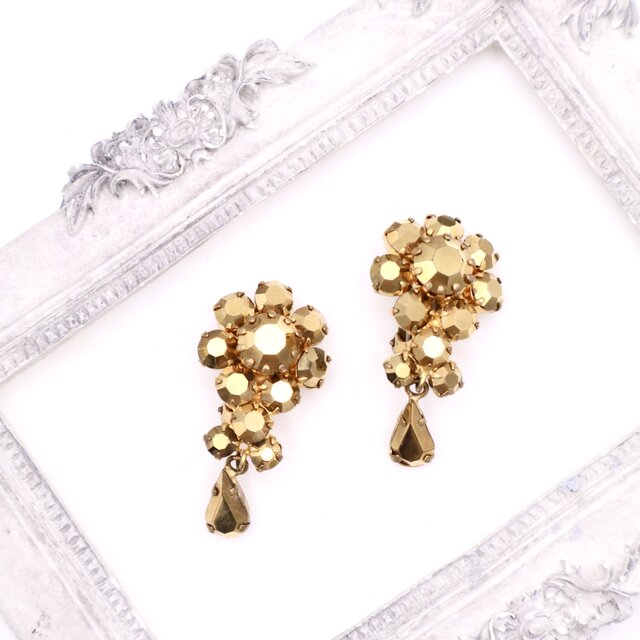 【フランス買付】 クラスター×ティアドロップ ゴールドイヤリング＊Elegant Sparkle1960s〜1970s