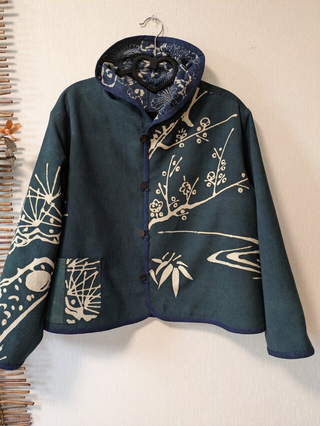 古布リメイク リバーシブルミニフードジャケット　筒描き　久留米絣　型染　古布　着物リメイク