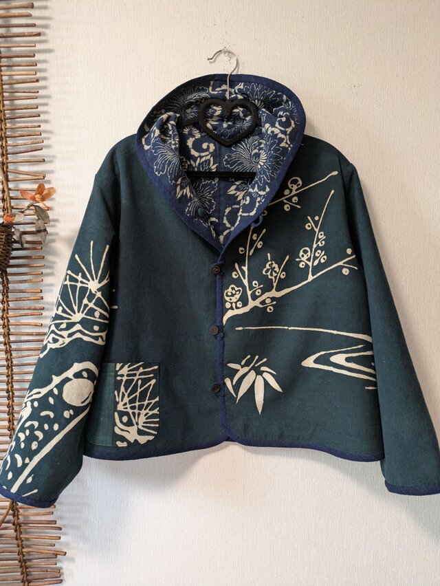 古布リメイク リバーシブルミニフードジャケット 筒描き 久留米絣 型染