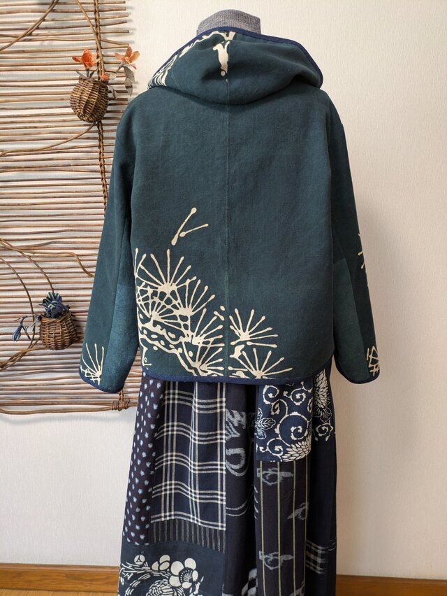 古布リメイク リバーシブルミニフードジャケット 筒描き 久留米絣 型染