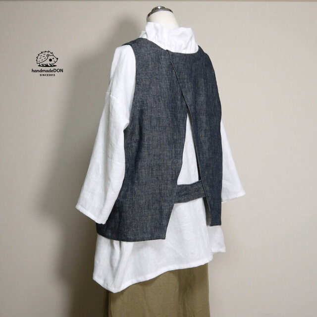 【厚手リネン】三角スリットベスト◆デニム調ネイビー◆フリーサイズ（15番手、リネン100％）～ベスト・ジレ～