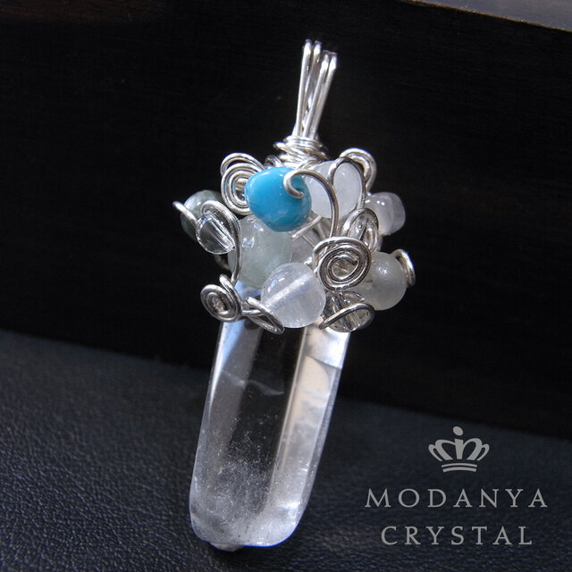 ポイント水晶+ターコイズ+セラフィナイトのワイヤーペンダントトップ1489