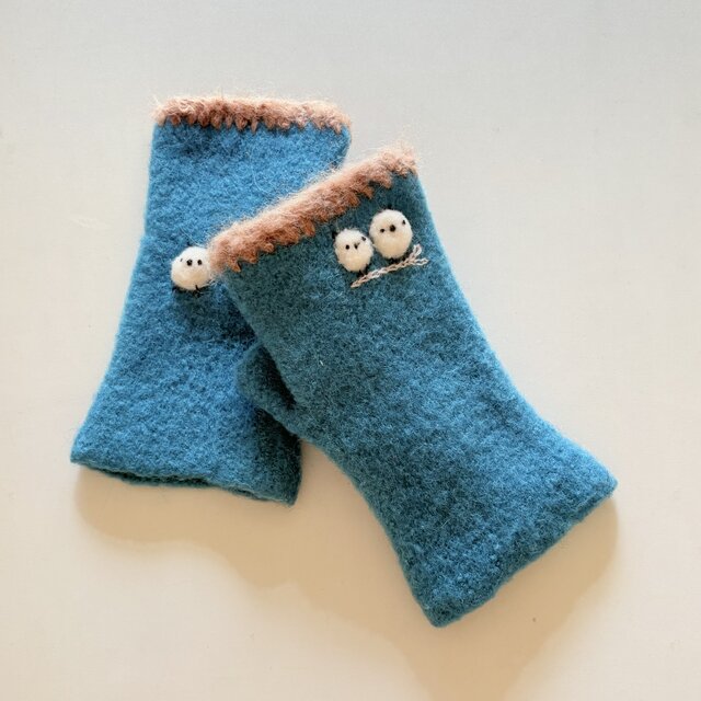 ゆびなしフエルトミトン　シマエナガ　ターコイズ