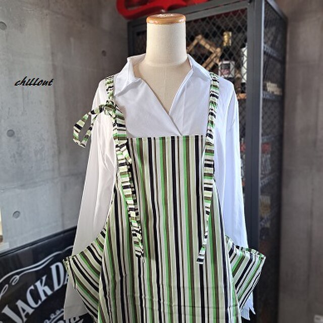 【sale】【背中がかわいい】エプロン：グリーンストライプ：ポリエステル【0714】