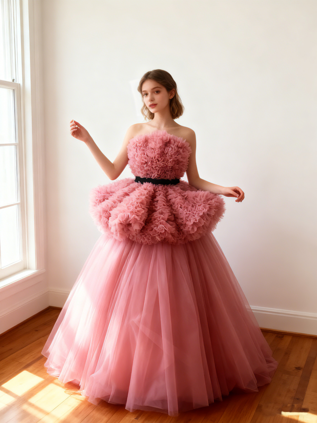 美品！カラードレス ローズピンク ベアトップ 可愛い ラッフルフリル ボリュームドレス 前撮り
