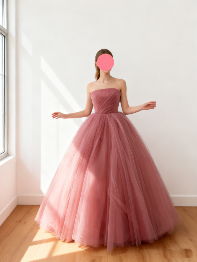 美品！カラードレス ローズピンク ベアトップ 可愛い チュールスカート 編み上げ 前撮り