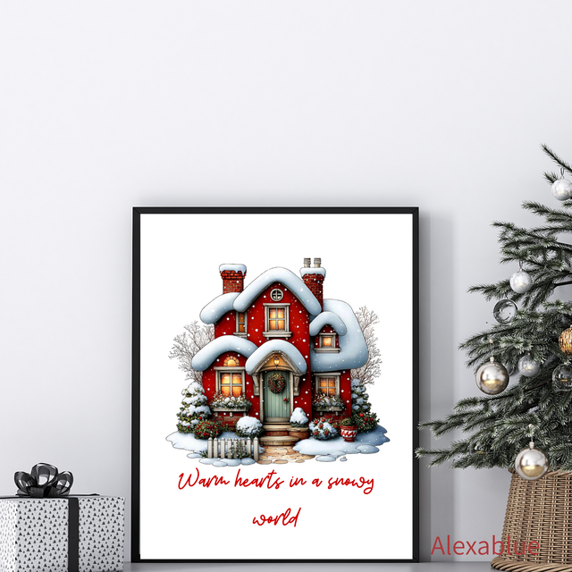 Snowy Red Cottage｜雪降る赤い家のクリスマスポスター｜冬の可愛いインテリアアート