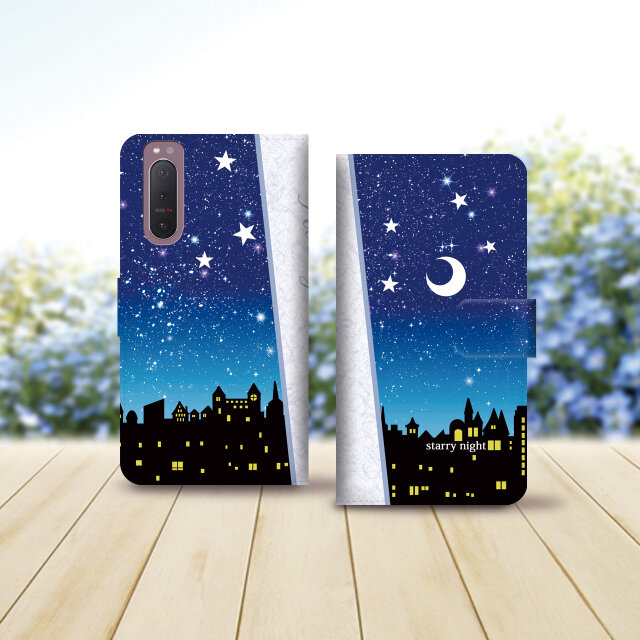 Android シンプル手帳型スマホケース（カメラ穴あり/はめ込みタイプ）【星空の夜（starry night）】