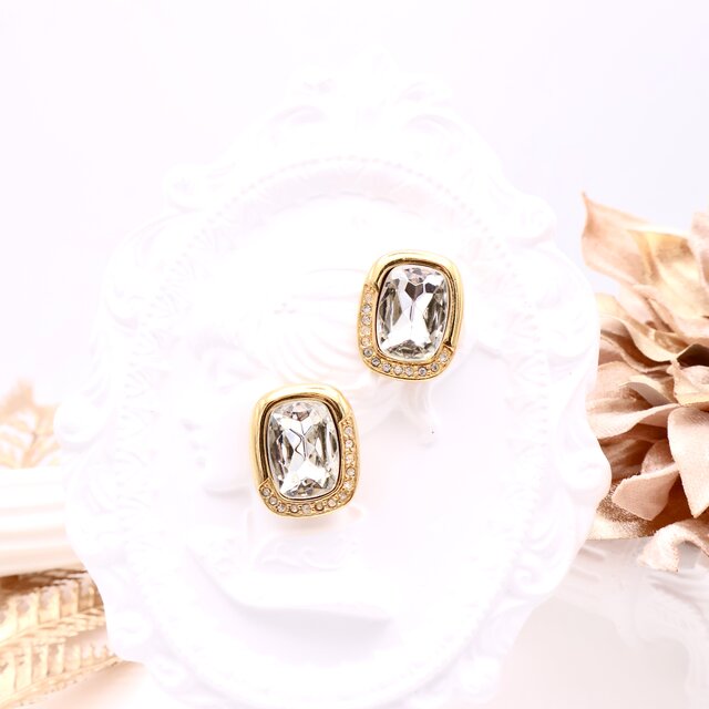 【Monet】ゴールドトーン×クリアスクエアストーンイヤリング＊Modern Classic Elegance1980s