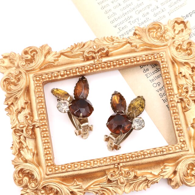 【アメリカ買付】ヴィンテージ アンバー×シトリンガラスストーン イヤリング＊Autumn Jewel Classic1950s