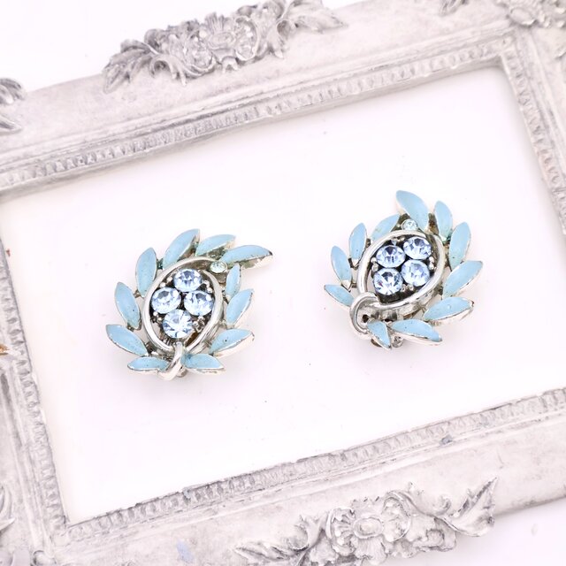 【Lisner】ブルーリーフ × ラインストーン ヴィンテージイヤリング＊Pastel Leaf Elegance1950s