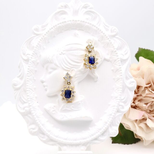 【フランス買付】 ヴィンテージ サファイアブルー×ゴールドイヤリング＊Royal Elegance1980s