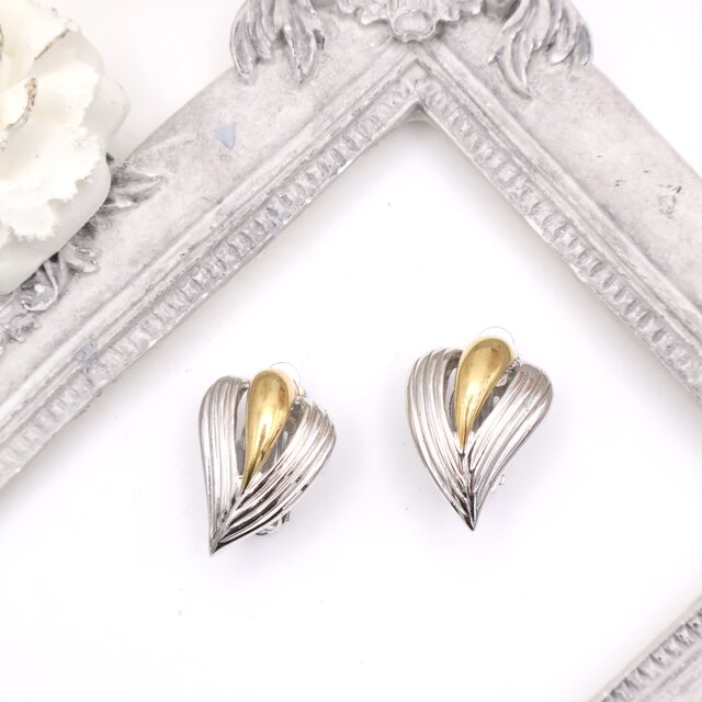 【フランス買付】ヴィンテージ シルバー×ゴールドハートイヤリング＊Modern Chic1980s