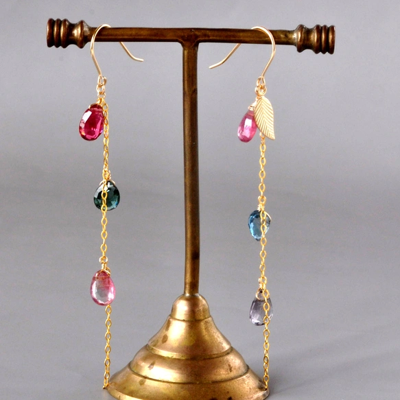 トルマリン・レインボーロングピアス　14kgf