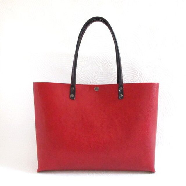 手縫いワイドなA４対応サイズ♪《牛革》シュリンク・レッド×ブラック・ハンドソーイングトート0402