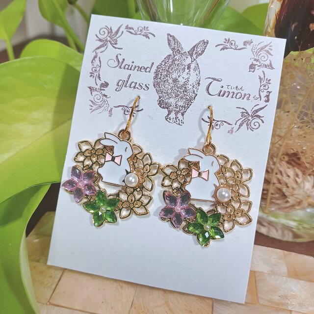 うさぎ パール フラワーリース❀ピアス Spring～春～ No.1432