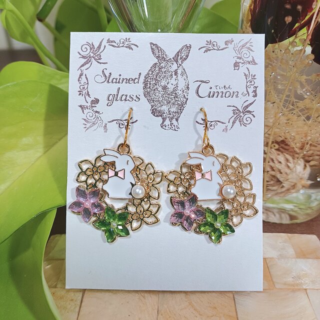 うさぎ パール フラワーリース❀ピアス Spring～春～ No.1432 | iichi