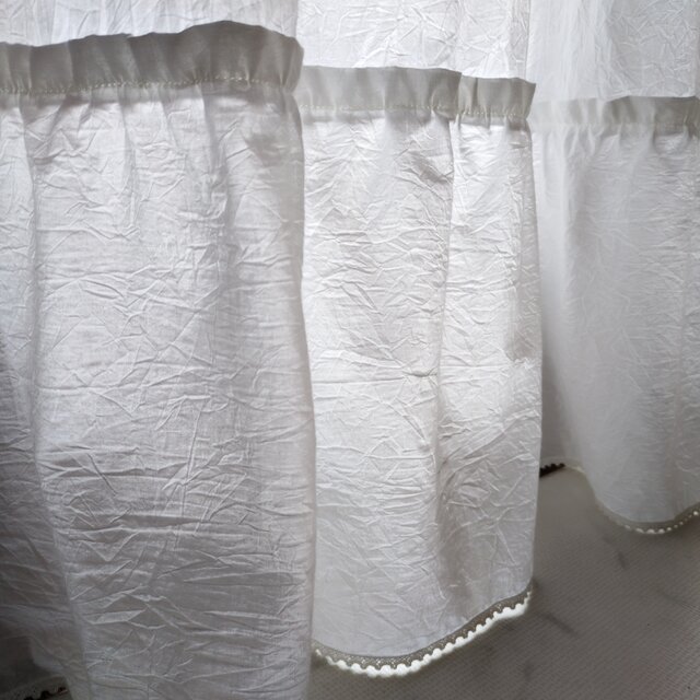 ホワイトコットン♪レース付きラッフル両開きカーテンリボンクリップ