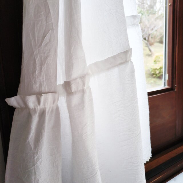 ホワイトコットン♪レース付きラッフル両開きカーテンリボンクリップ