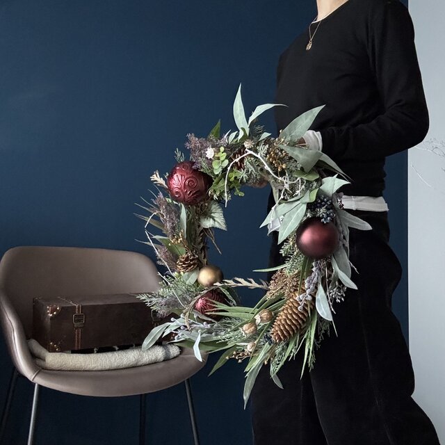 クラシカルなレッドのポインセチア_クリスマスリース【迫力の50cm