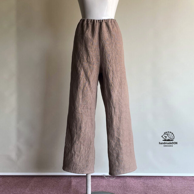 厚手リネン【ドンゴロス】イージーパンツ　ストレート・ロング◆ カフェラテ◆M・Ｌ・LL◆（リネン100％、6番手）