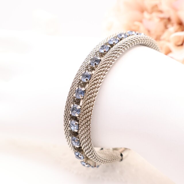 【フランス買付】シルバーメッシュ×ライトブルーラインストーン ブレスレット＊Elegant Ice Tone1960s–70s
