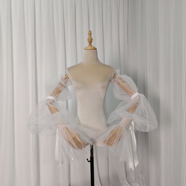 シースルー袖 オフホワイト 取り外し袖 リボン ストレッチ 結婚式/披露宴