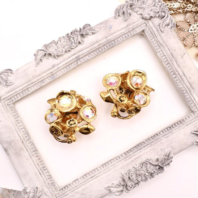 【MICRIS】 ヴィンテージ オーロラクリスタル×ゴールドフラワーイヤリング＊French Art Bloom1980s