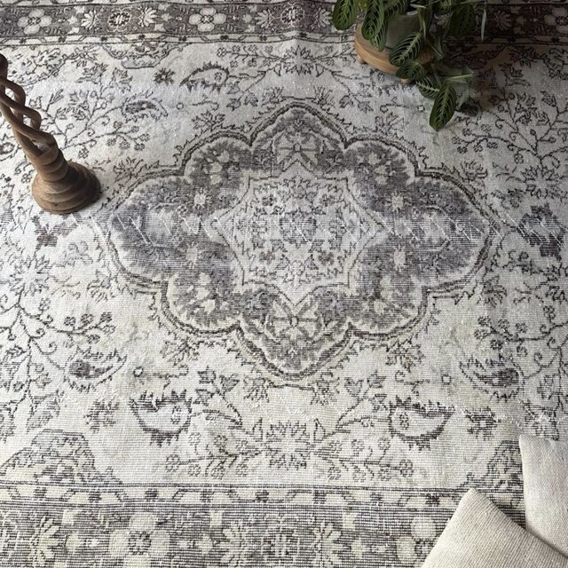 超大判161×285 メダリオン グレイ×クリーム トルコヴィンテージラグ
