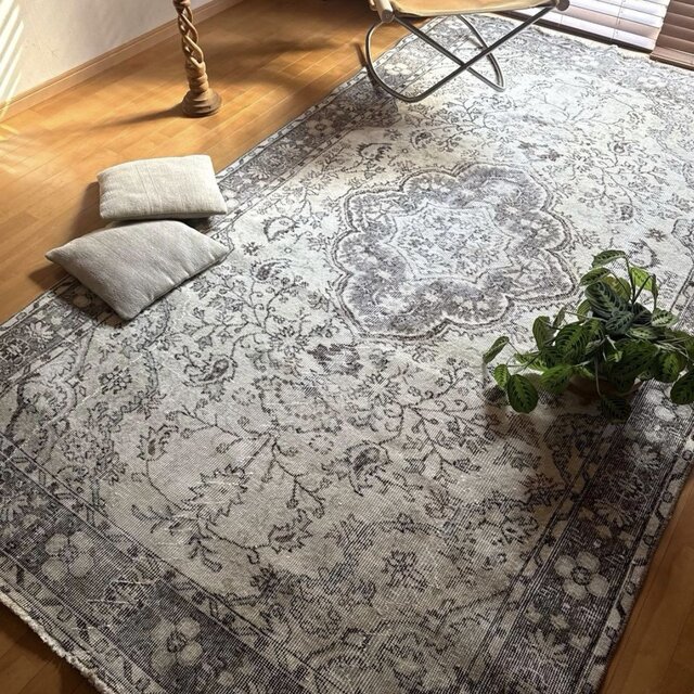 超大判161×285 メダリオン グレイ×クリーム トルコヴィンテージラグ
