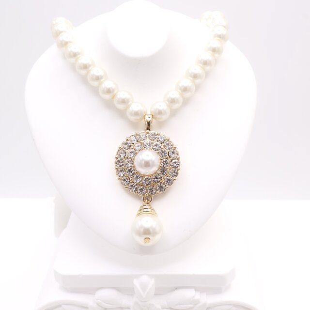 【MONET】ヴィンテージ パール×クリスタル ペンダントネックレス＊Royal Glam Elegance 1980s