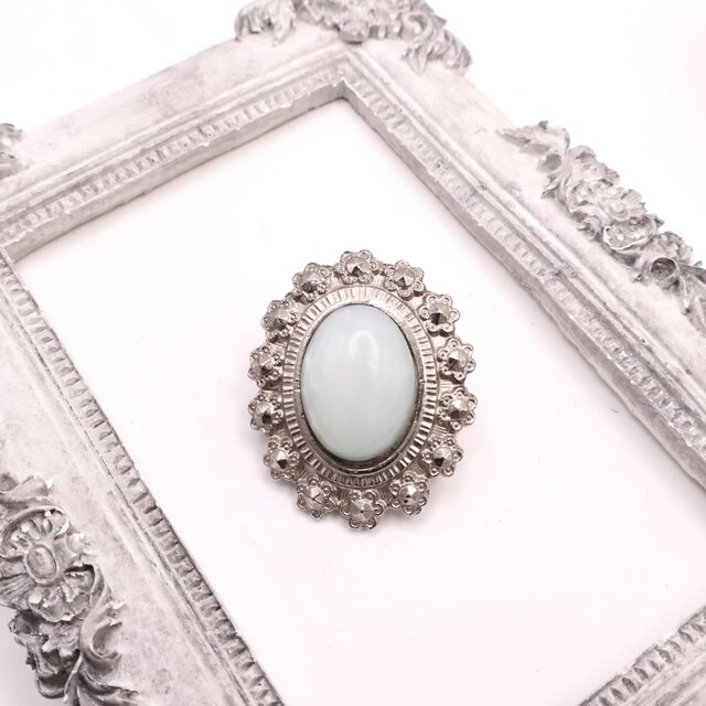 【フランス買付】 シルバートーン×ミルキーブルー カボションブローチ＊Antique Frost Elegance1960s